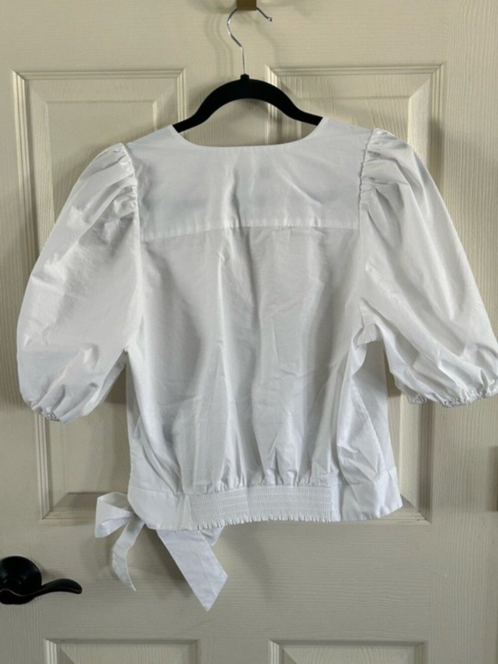 Banana Republic White Wrap Tie Puff-Sleeve Blouse Sz Med Summer Business Casual - Picture 9 of 16